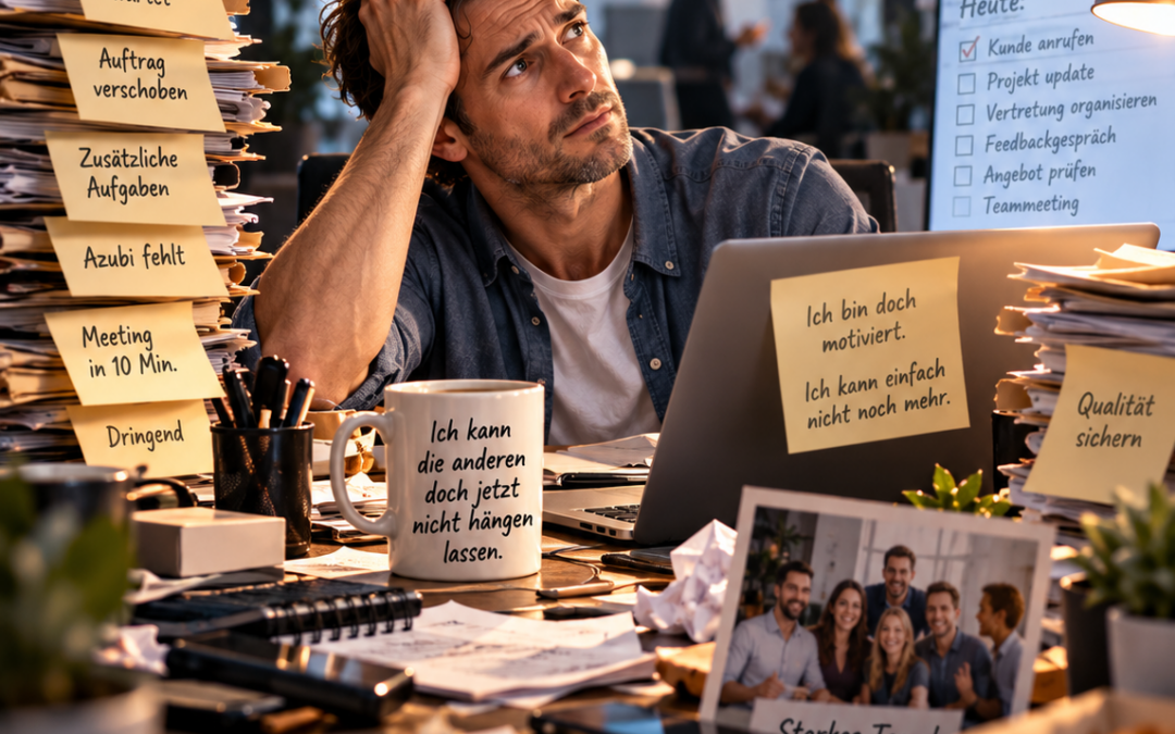 Engagierter Mitarbeiter im überfordernden Büroalltag eines Teams