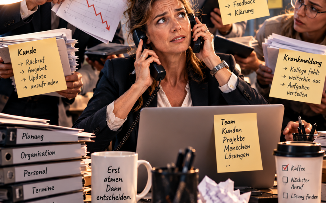 Führungskraft im Multitasking-Chaos zwischen Team und Kunden