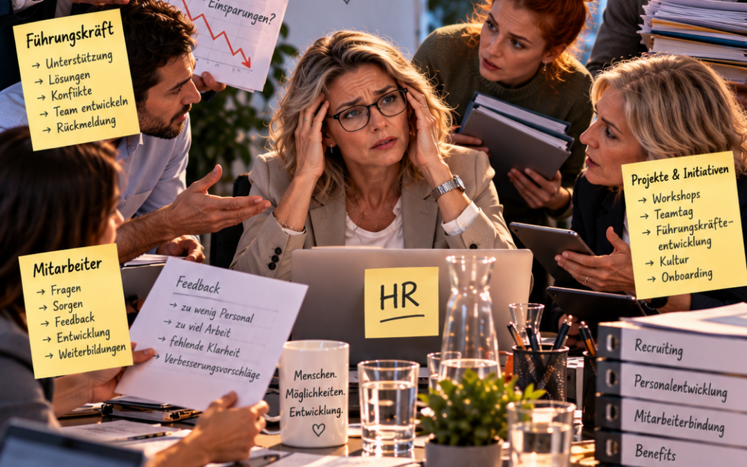 Überforderte HR-Verantwortliche im hektischen Büroalltag